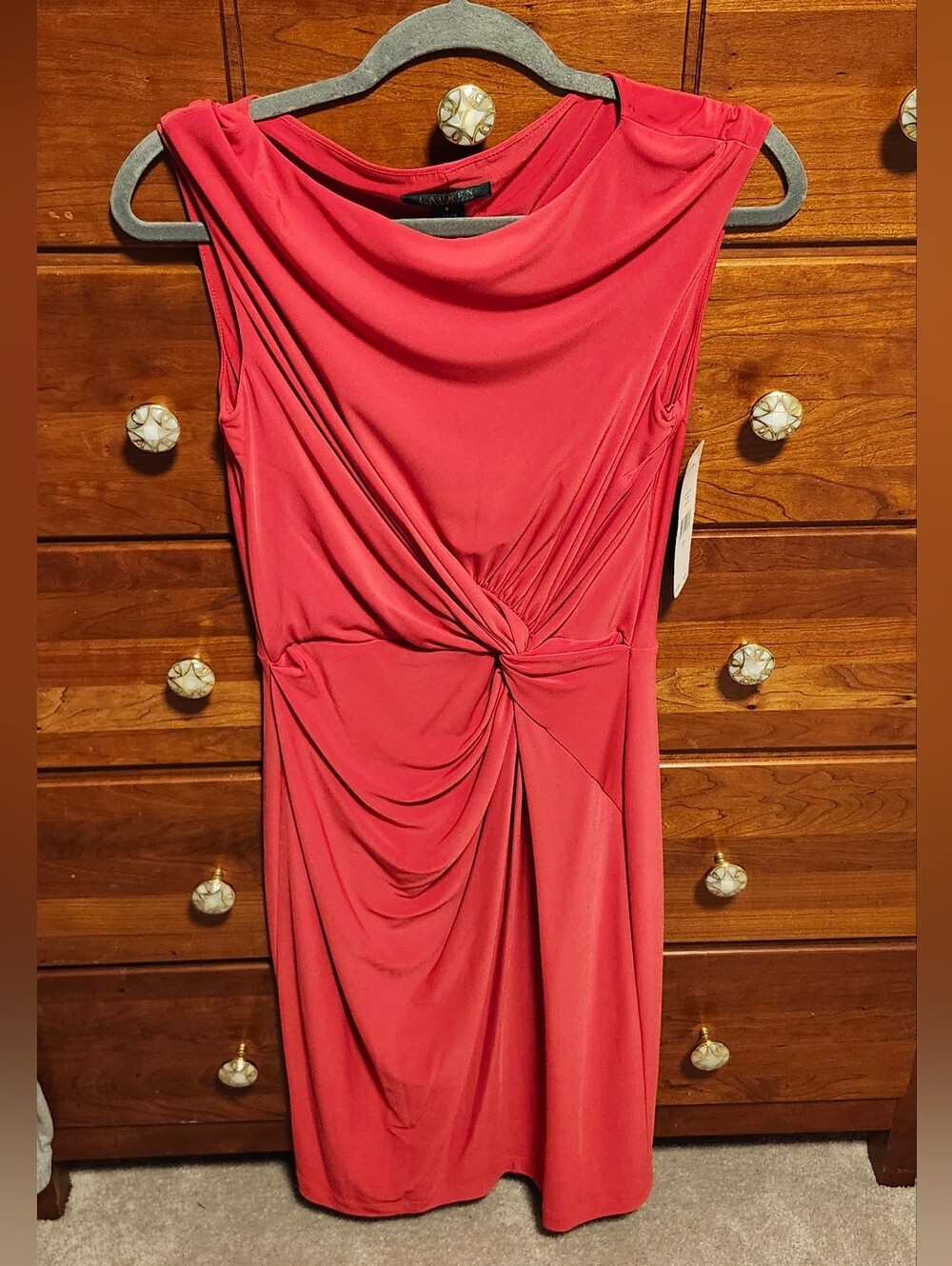 NWT WOMEN'S LAUREN RALPH LAUREN RED COWL NECK SLEEVELESS TWIST-FRONT DRESS Sz 8
